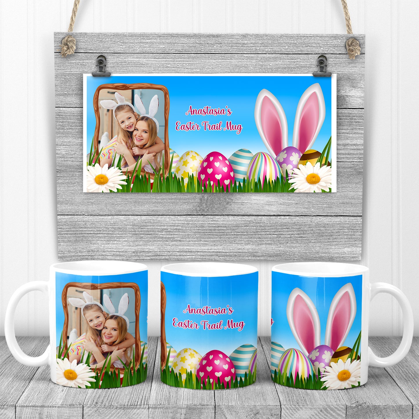 Illustration of a cute bunny with a personalized name and photo