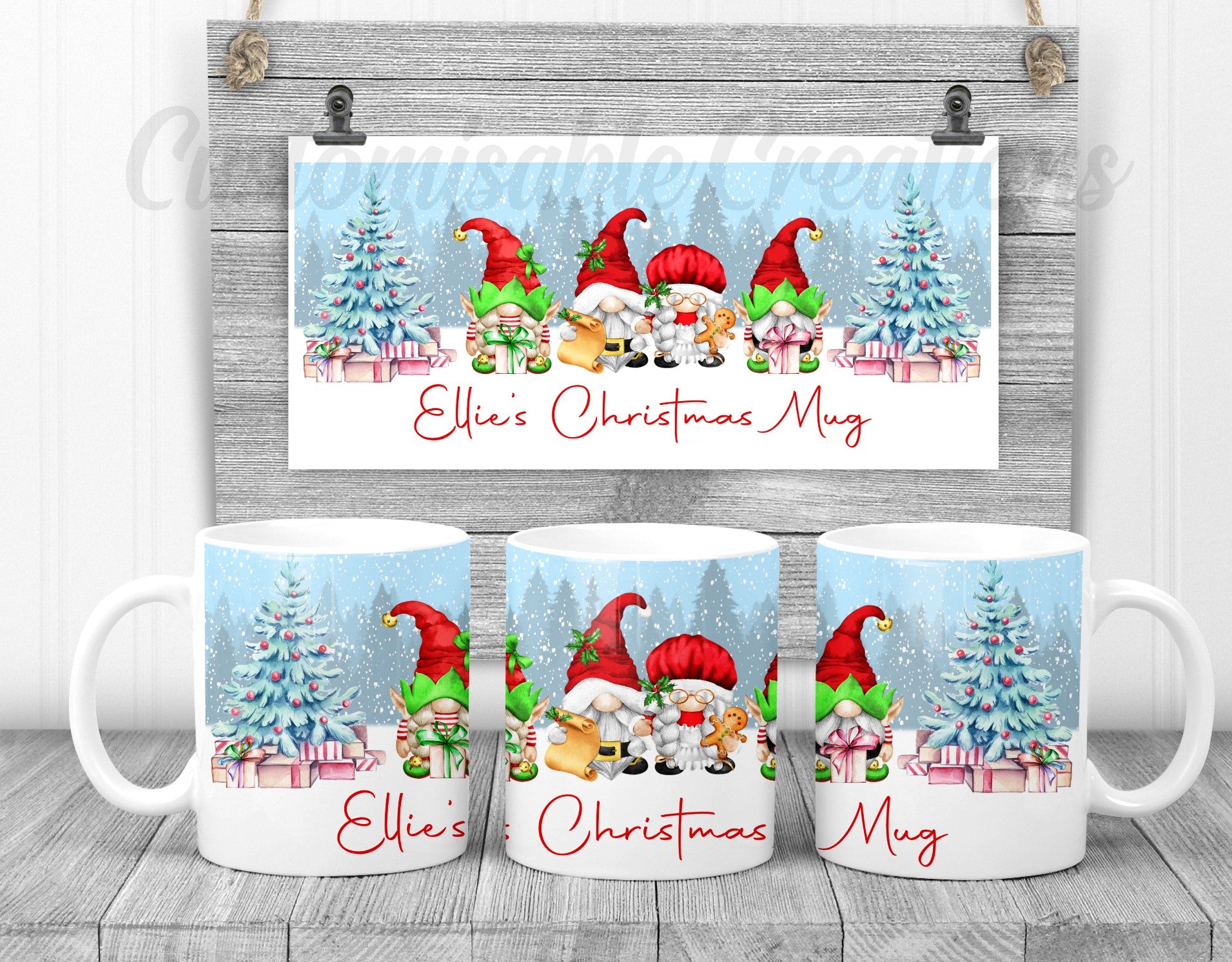 White ceramic mug featuring a festive illustration of Santa Claus and elves.