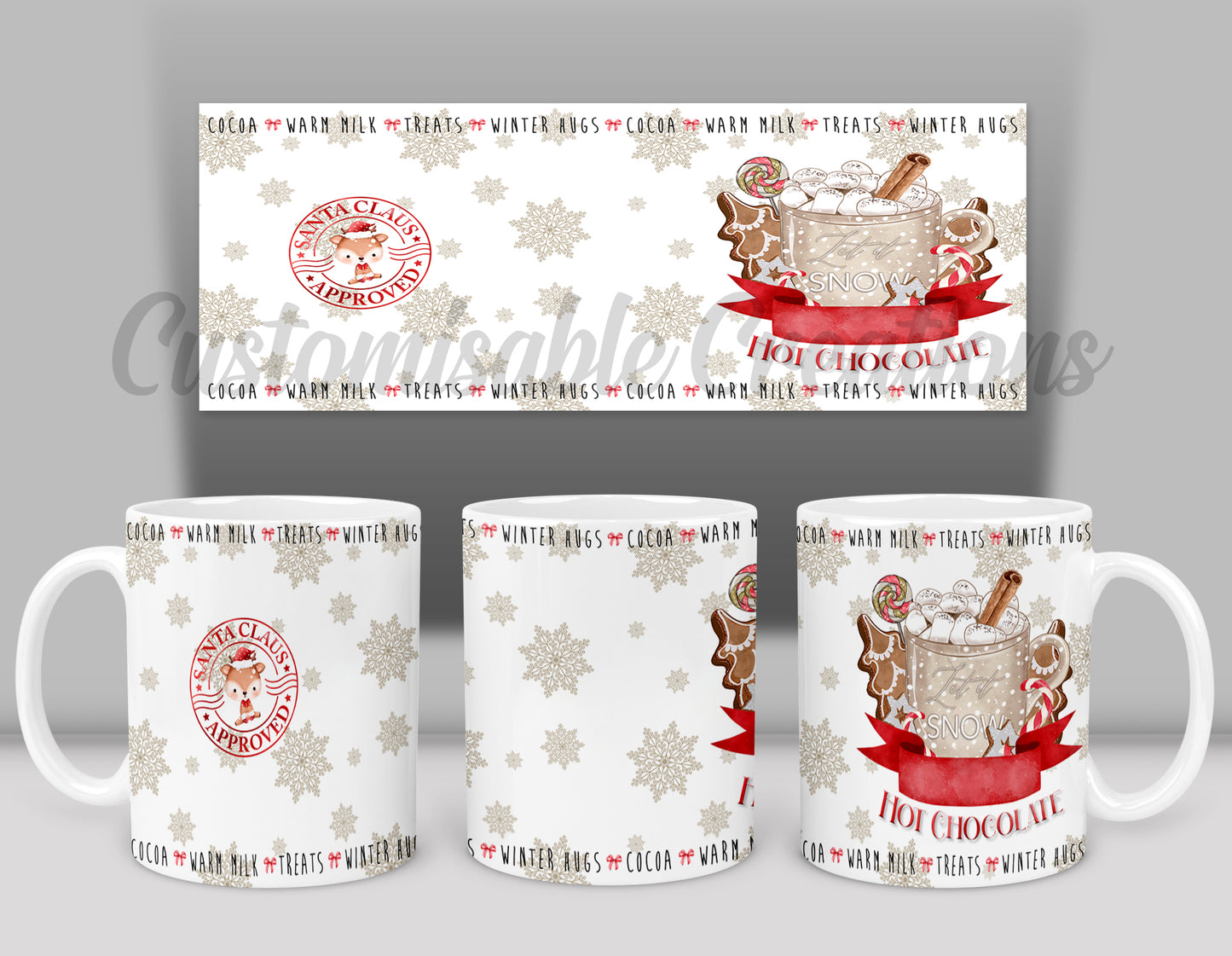 White ceramic mug with a festive Santa Approved Hot Chocolate Mug with a personalized name