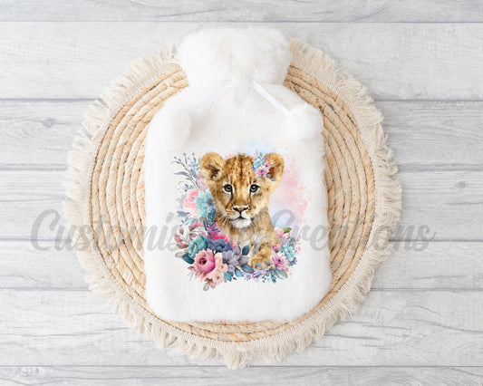 Pink Floral Lion Cub Hot Water Bottle